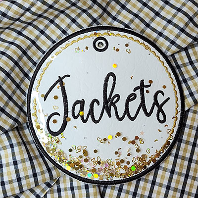 jackets in the hoop bag tag with glitter